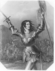 Engraving of Joan of Arc in battle in Le Brun de Charmettes’ L’Orleanide poème national, 1819. 