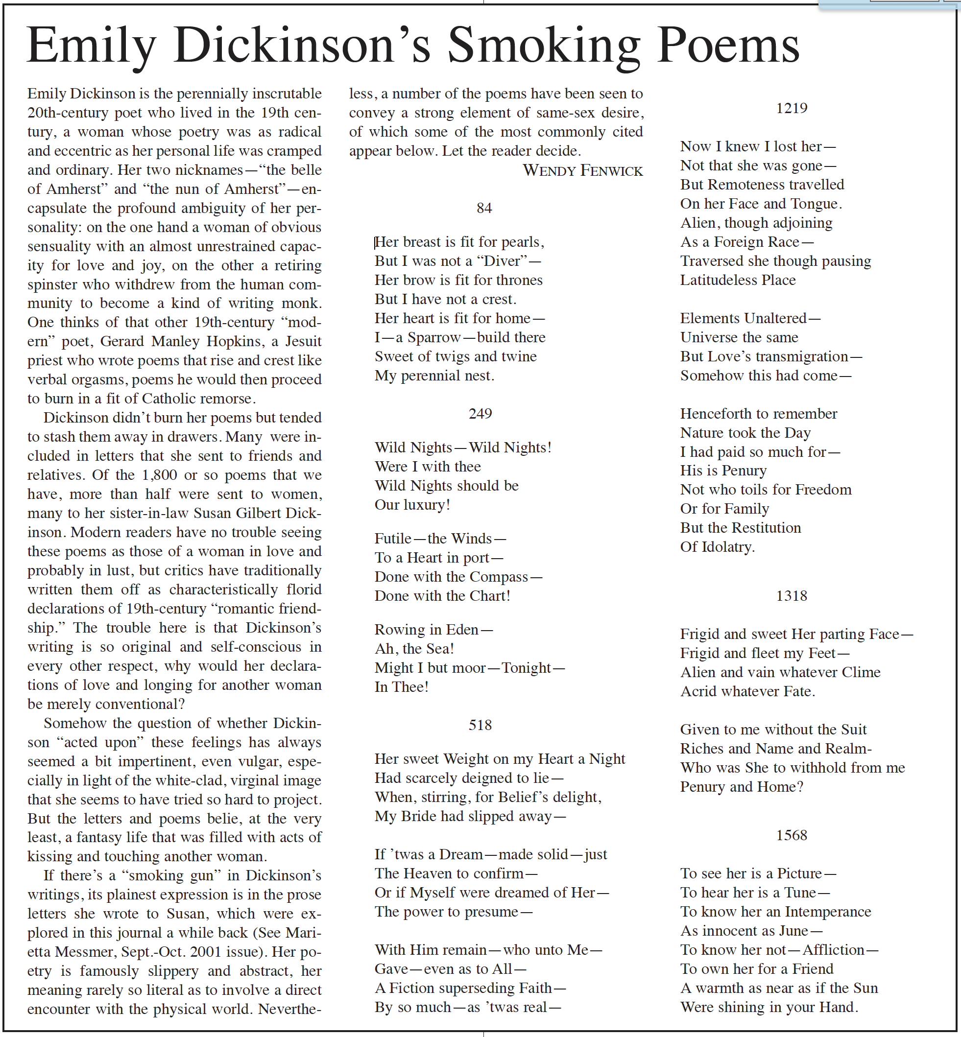 Emily Dickinson's Smoking Poems - The Gay & Lesbian Review