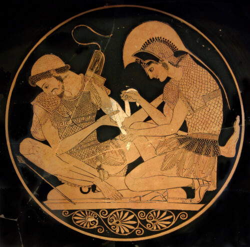 Achilles tending Patroklos wounded by an arrow, ca. 500 BCE. 