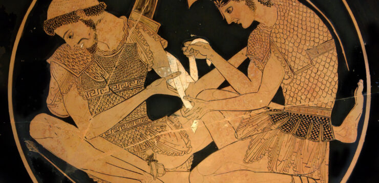 Achilles tending Patroklos wounded by an arrow, ca. 500 BCE.