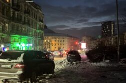 A snowy street in Kyiv, Ukraine, photographed on Feb. 19.