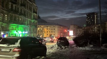 A snowy street in Kyiv, Ukraine, photographed on Feb. 19.